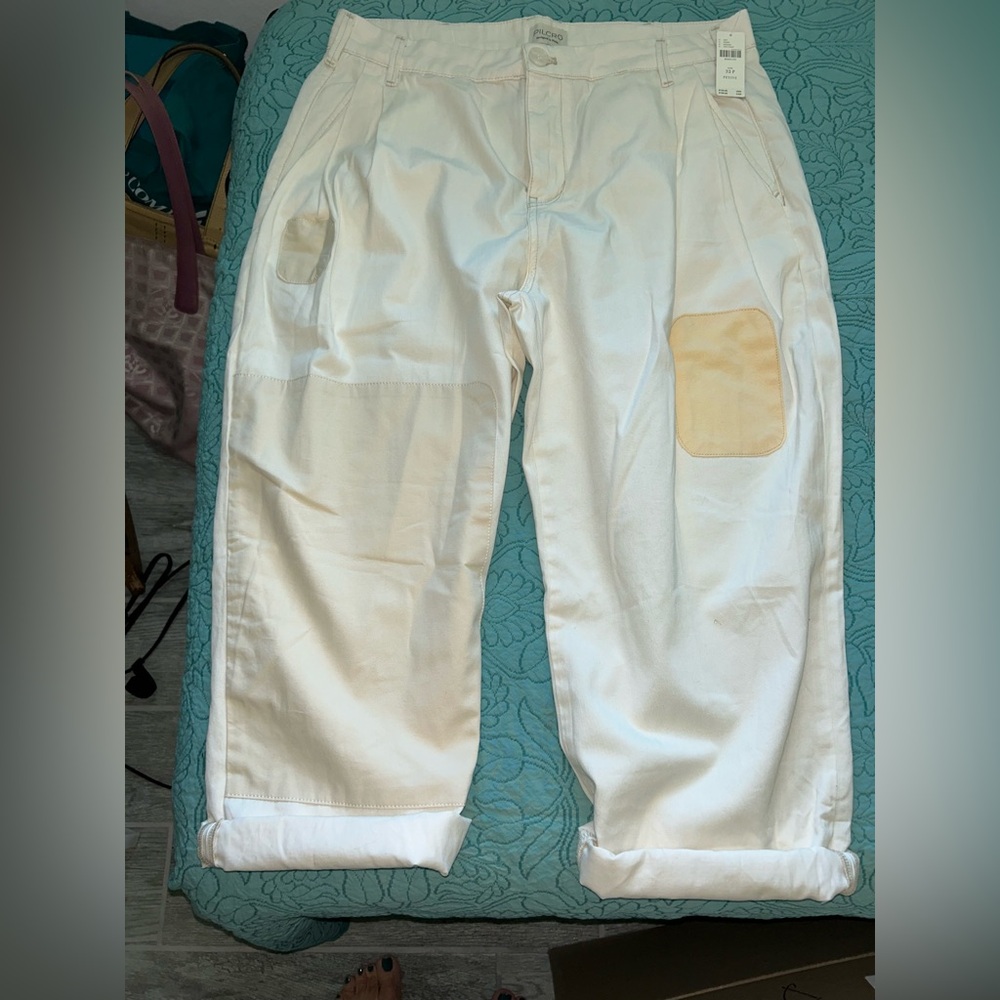 Pilcro for Anthropology Off-White Cropped Pants with Tan Patch and Rolled Cuff